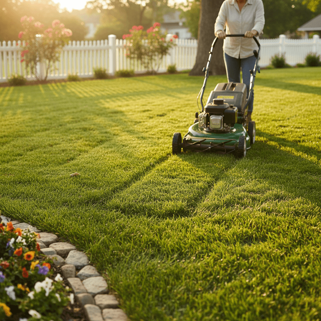 Lawn mower cutting a clean stripe in a green yard