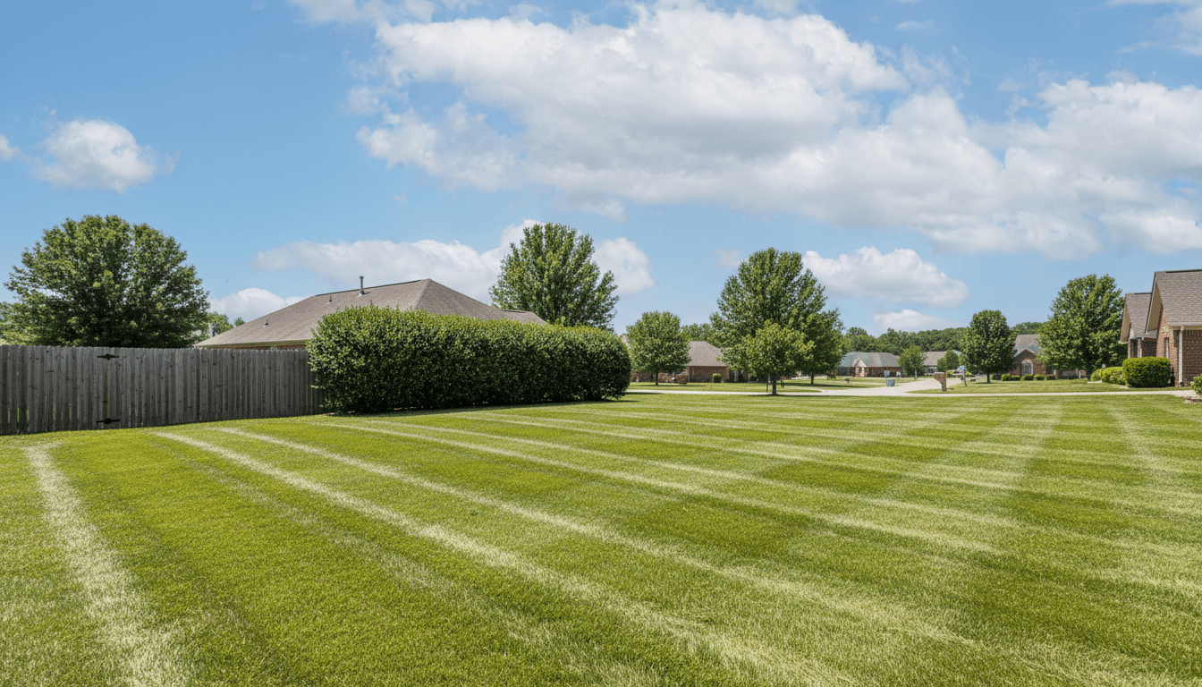 A freshly mowed lawn with professional stripes in a Gallatin neighborhood