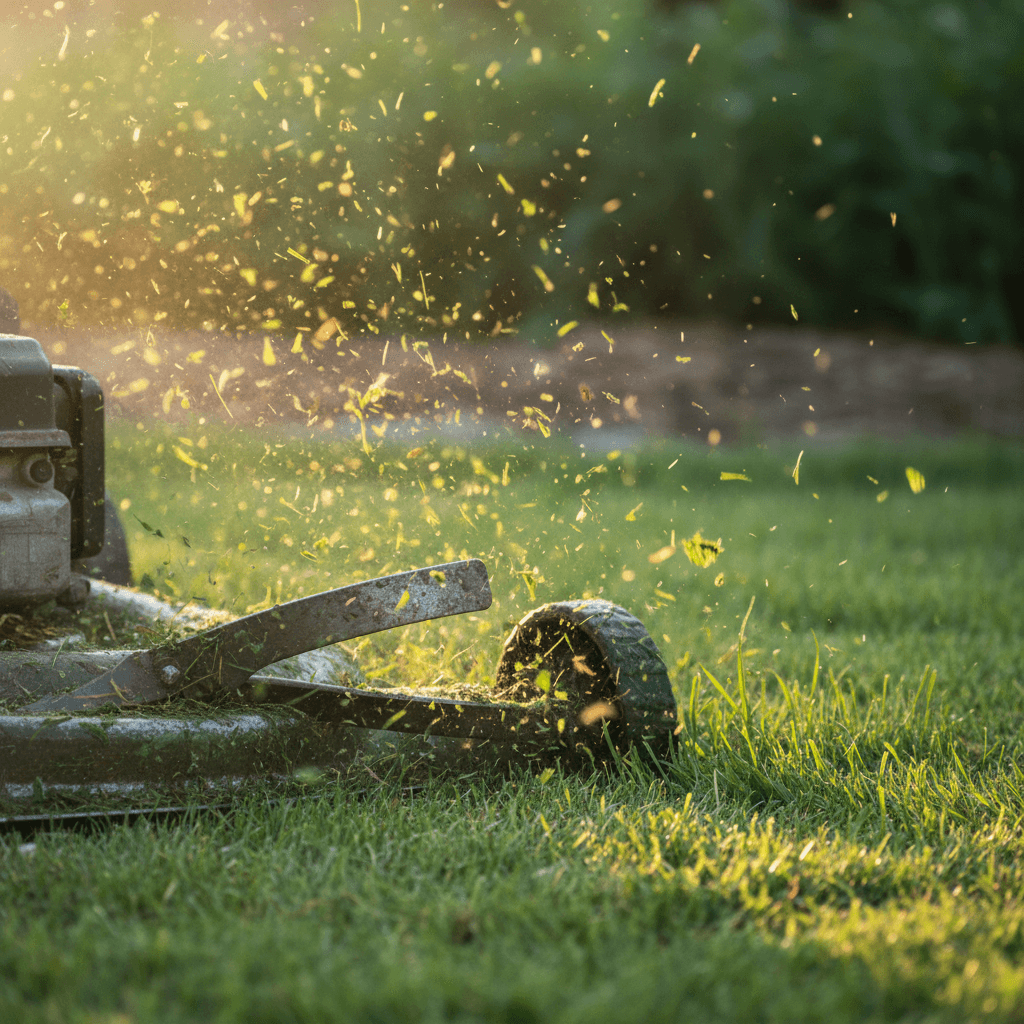Close up of mower blade cutting grass